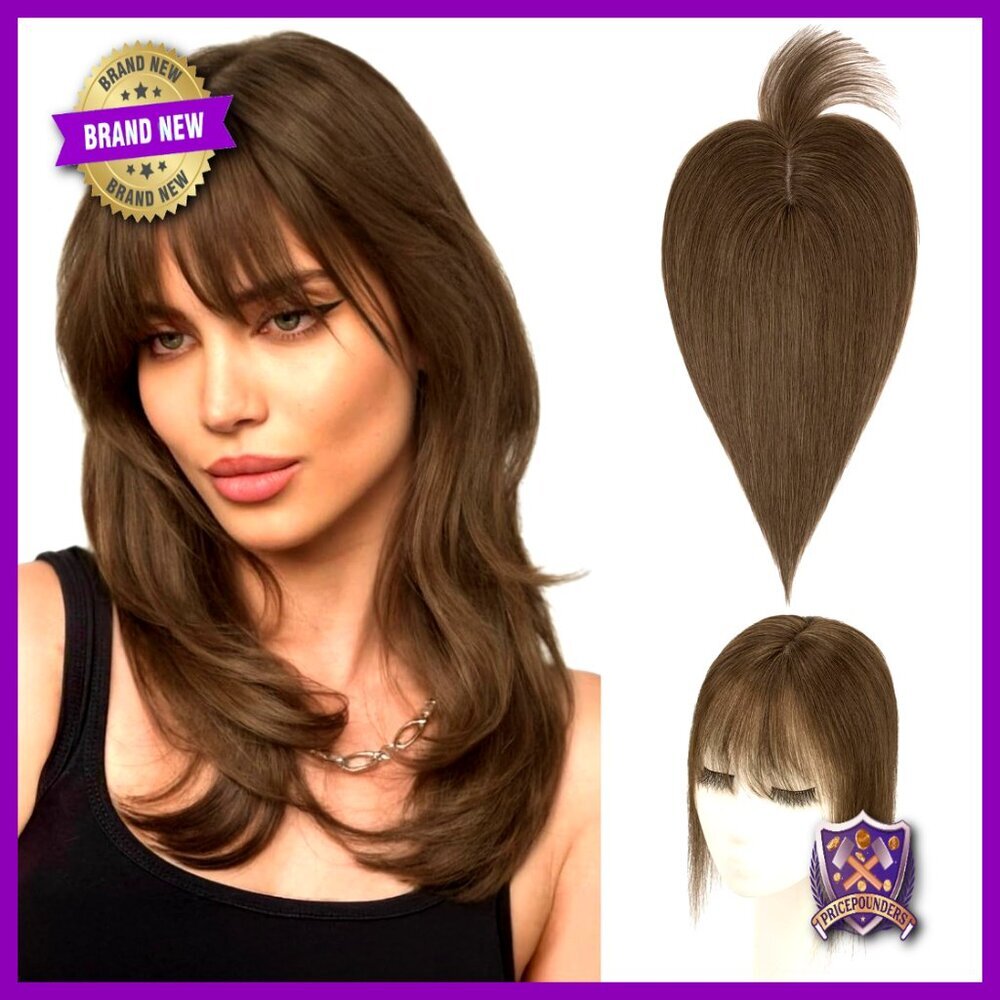 Human Hair Topper with Wispy Bangs Clip-In Lightweight Natural Hairpieces